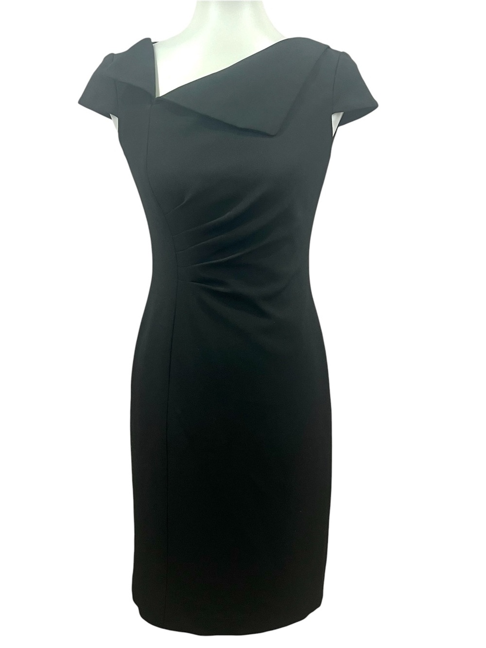 Tahari Cap Sleeve Asymmetrical Foldover Collar Ruched Black Sheath Dress
